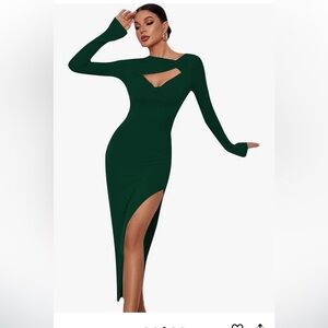 Sexy Cut Out Twist Ruched Side Split Long Sleeve Midi Bodycon Dress Dark Green